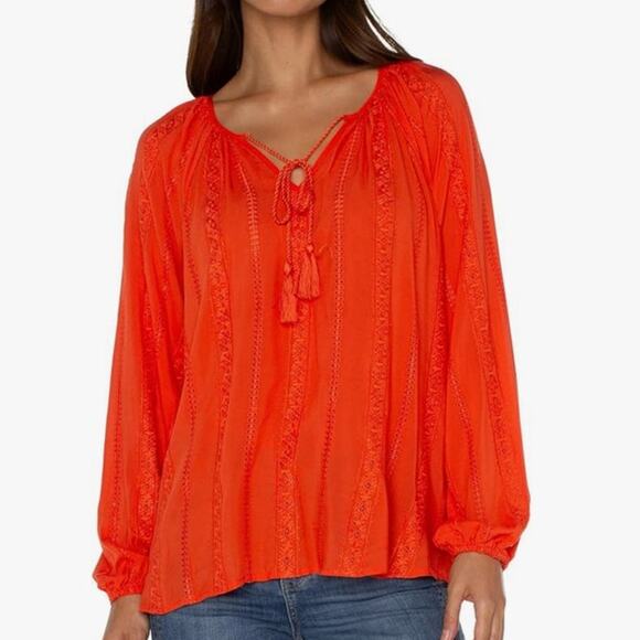 Liverpool Los Angeles Women's Embroidered Shirred Blouse Coral Size Large - Picture 1 of 11